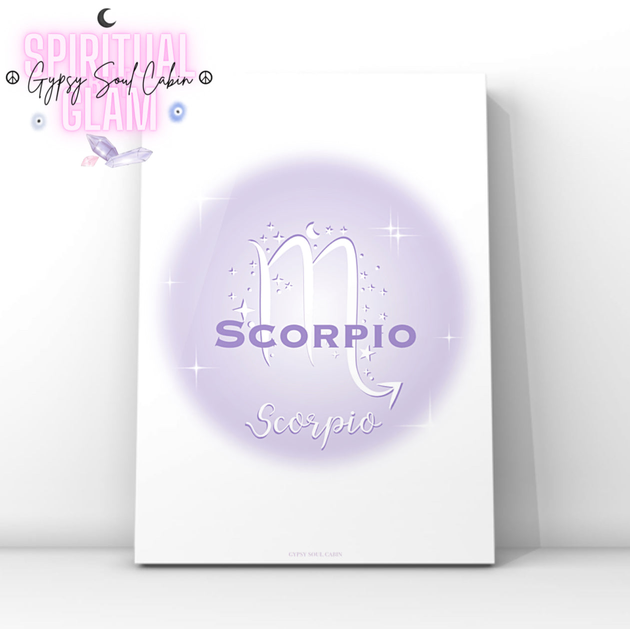 Scorpio zodiac sign poster with purple circle and 'Gypsy Soul Cabin' branding.