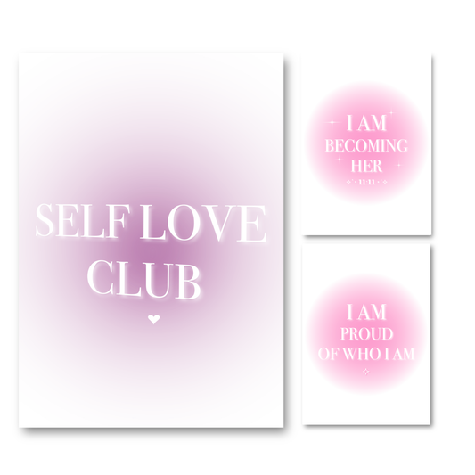 Set of three minimalist soft pink and purple gradient aura typography prints focused on self-love, 11:11 manifestation, and personal growth affirmations.