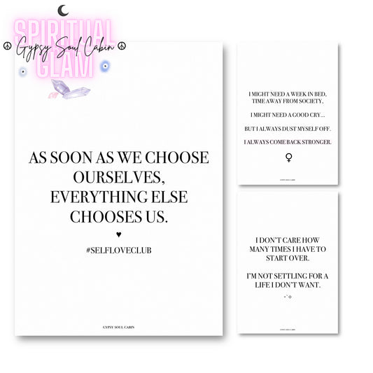 Set of three minimalist black-and-white A4 typography wall art prints featuring modern self-love affirmations and empowering female-mindset quotes.