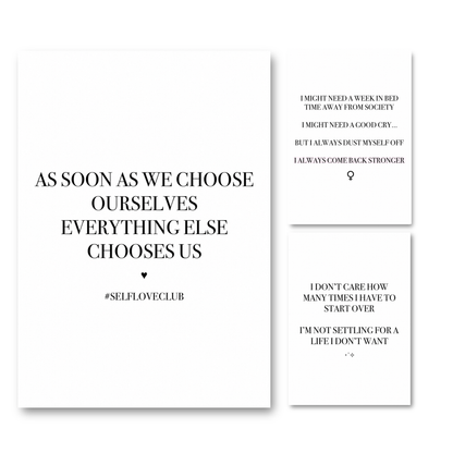 Set of three minimalist black-and-white A4 typography wall art prints featuring modern self-love affirmations and empowering female-mindset quotes.