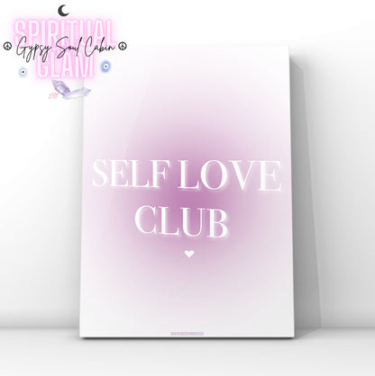 Minimalist A4 soft purple gradient aura wall art print featuring the glowing white typography text Self Love Club centred with a small heart.