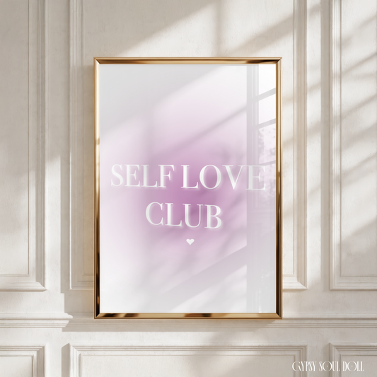 Minimalist A4 soft purple gradient aura wall art print featuring the glowing white typography text Self Love Club centred with a small heart.