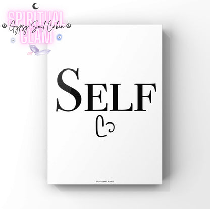 Clean monochrome A4 self-care typography print featuring the bold black word SELF centred above a delicate, abstract cursive line loop heart icon.