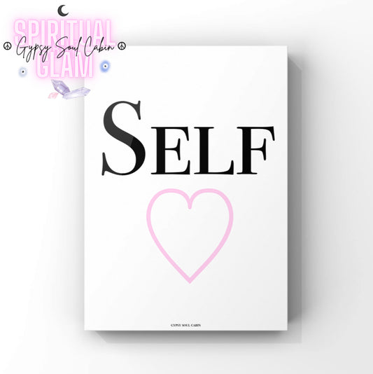Minimalist A4 fashion typography wall art print featuring the word SELF in bold black lettering paired with a large line-art pink heart on a clean white background.