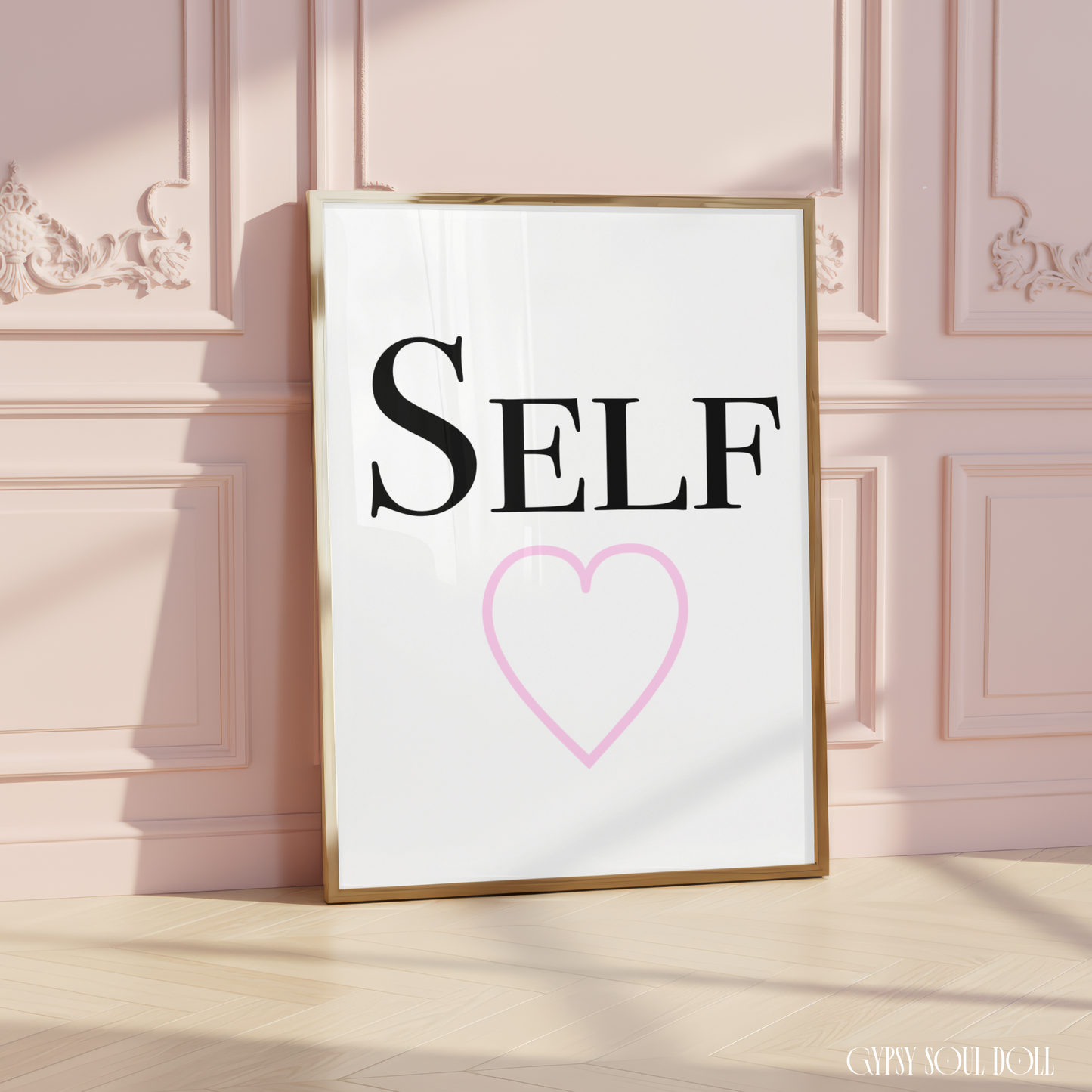 Minimalist A4 fashion typography wall art print featuring the word SELF in bold black lettering paired with a large line-art pink heart on a clean white background.