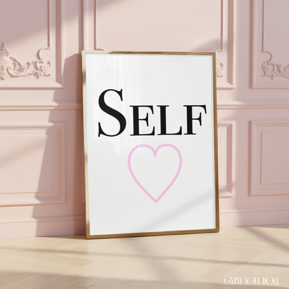 Minimalist A4 fashion typography wall art print featuring the word SELF in bold black lettering paired with a large line-art pink heart on a clean white background.