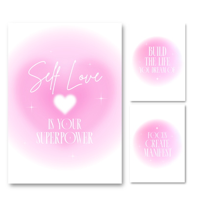 Self Love Superpower aura print set featuring bright pink gradient aura cloud designs and white typography A4 posters for spiritual sanctuary, babe cave, or home.