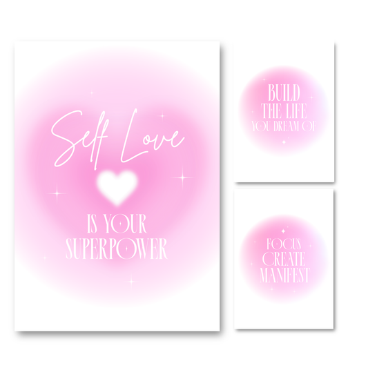 Self Love Superpower aura print set featuring bright pink gradient aura cloud designs and white typography A4 posters for spiritual sanctuary, babe cave, or home.