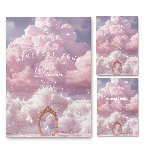Three dreamy A4 poster prints with pink puffy clouds, a crescent moon, sparkles, the ocean, and a mirror. Each one has an inspirational quote on such as Manifest Your Dreams and another one focusing on self-worth and self-love by Gypsy Soul Doll.