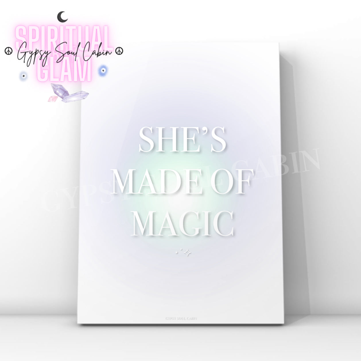Minimalist mystical cosmic A4 print displaying the empowering typography quote She's Made Of Magic over a soft glowing pastel aura gradient background with tiny star accents.