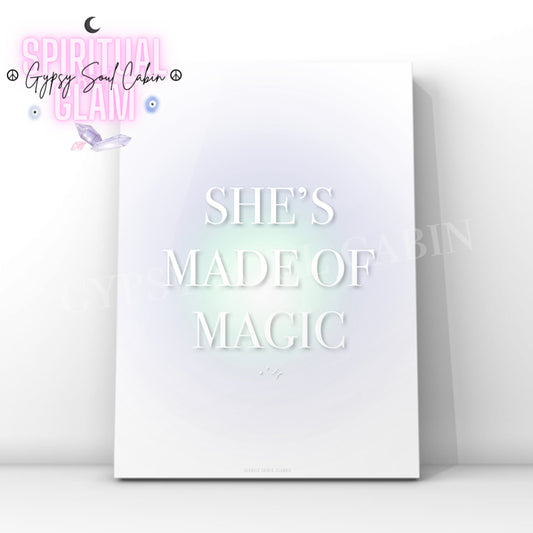 Minimalist mystical cosmic A4 print displaying the empowering typography quote She's Made Of Magic over a soft glowing pastel aura gradient background with tiny star accents.
