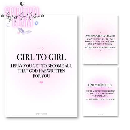 Set of three minimalist pink aura gradient A4 typography prints focused on spiritual encouragement, trauma healing, and mindset transformation.