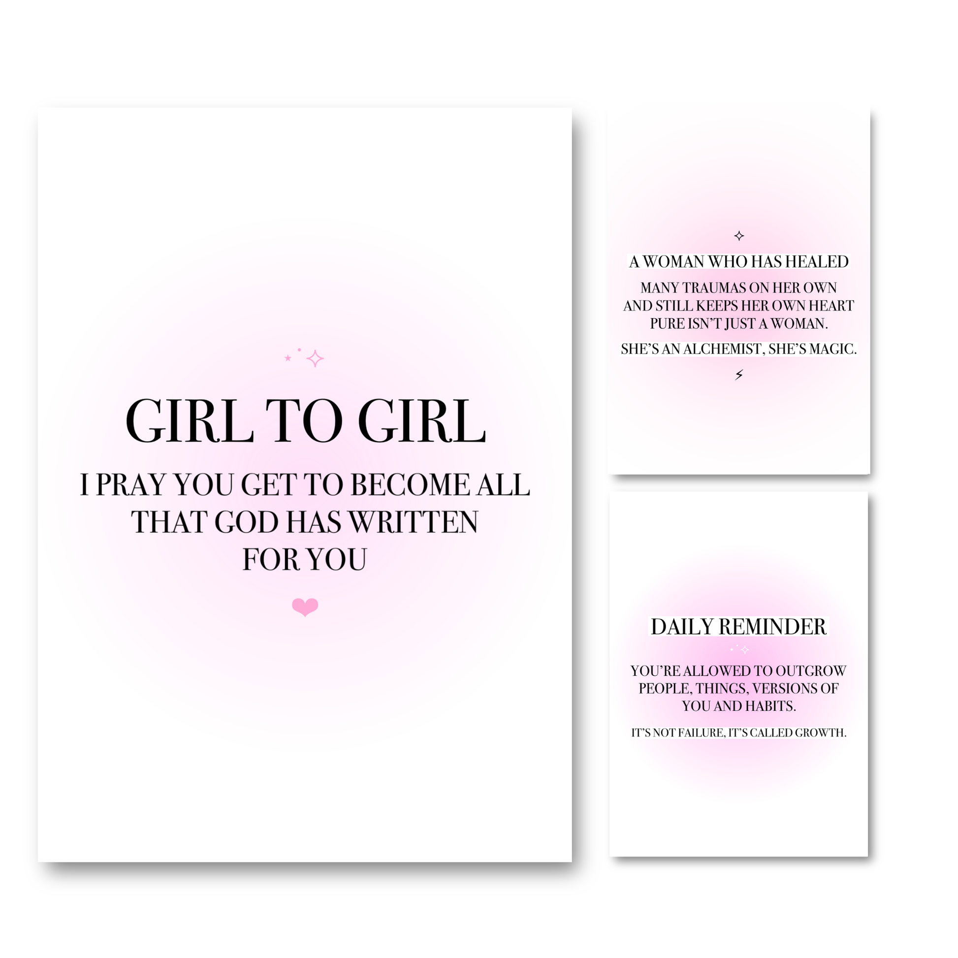 Set of three minimalist pink aura gradient A4 typography prints focused on spiritual encouragement, trauma healing, and mindset transformation.