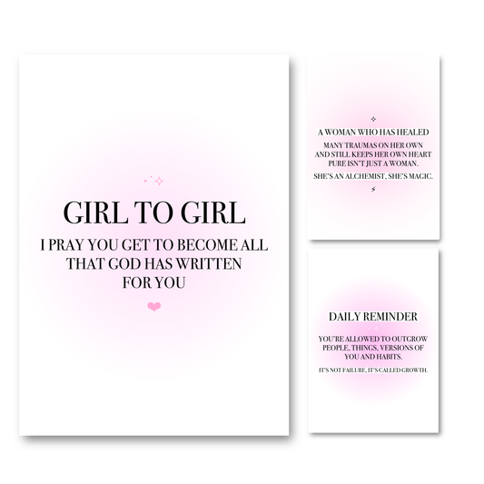 Set of three minimalist pink aura gradient A4 typography prints focused on spiritual encouragement, trauma healing, and mindset transformation.