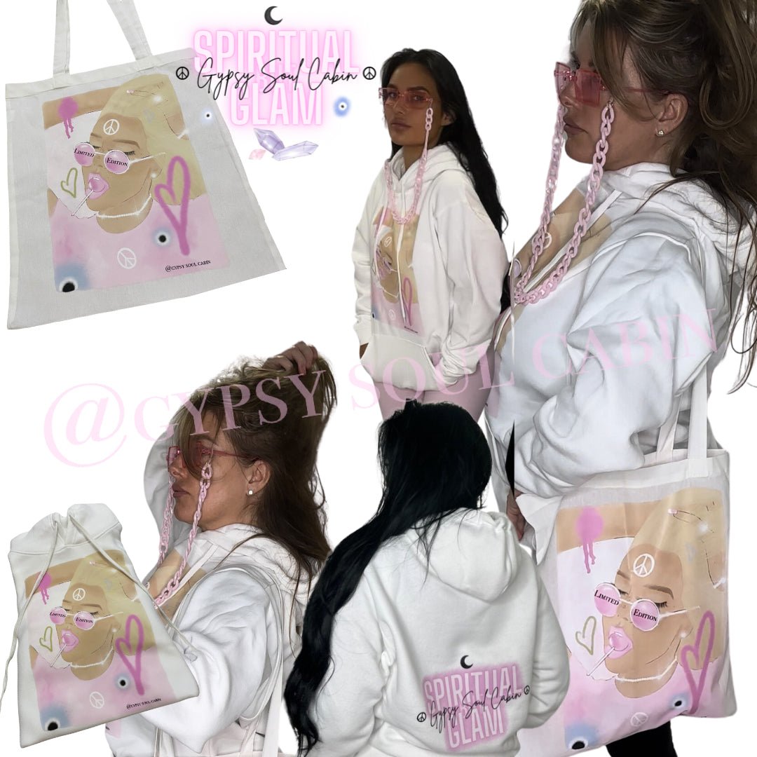 A collection showcase collage featuring the white limited edition lollipop girl tote bag paired with a matching white streetwear hoodie displaying the Spiritual Glam Gypsy Soul Cabin logo on the back.