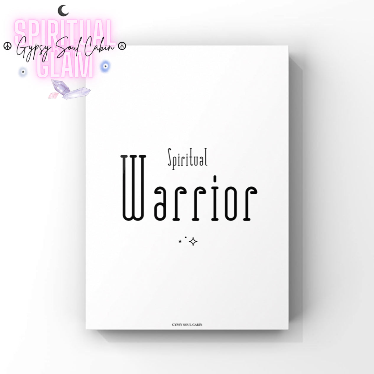 spiritual-warrior-tall-modern-typography-printAlt Text: Simple black and white spiritual print showcasing the title Spiritual Warrior written in a tall, retro-futuristic font with three tiny centred stars at the bottom.