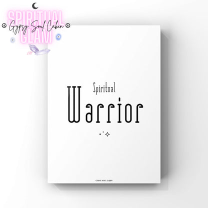 spiritual-warrior-tall-modern-typography-printAlt Text: Simple black and white spiritual print showcasing the title Spiritual Warrior written in a tall, retro-futuristic font with three tiny centred stars at the bottom.