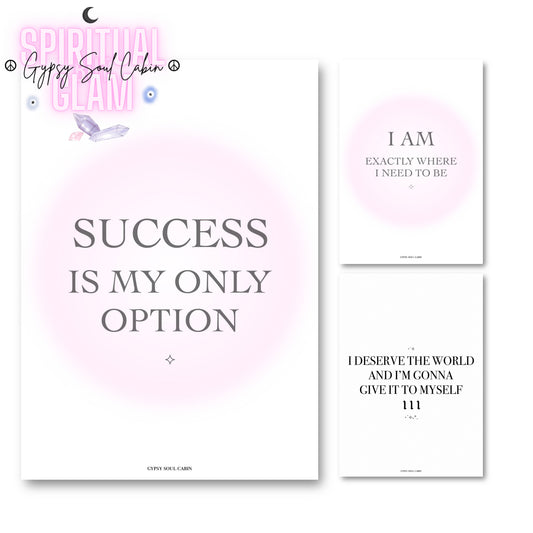 Set of three minimalist A4 typography manifestation prints featuring pink gradient aura backgrounds and angel numbers.
