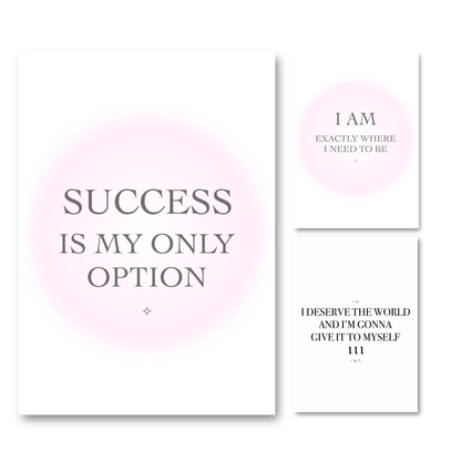 Set of three minimalist A4 typography manifestation prints featuring pink gradient aura backgrounds and angel numbers.