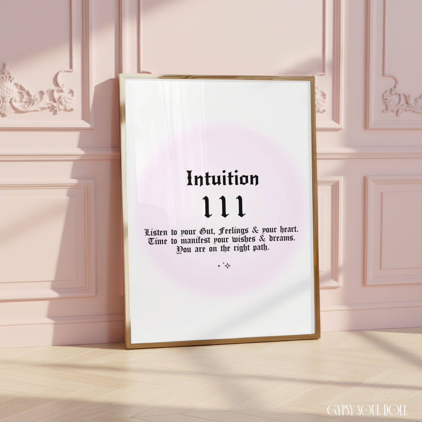 Minimalist A4 spiritual wall art print featuring a soft pink aura gradient background with bold black gothic typography reading Intuition 111 and a manifestation guide text block.