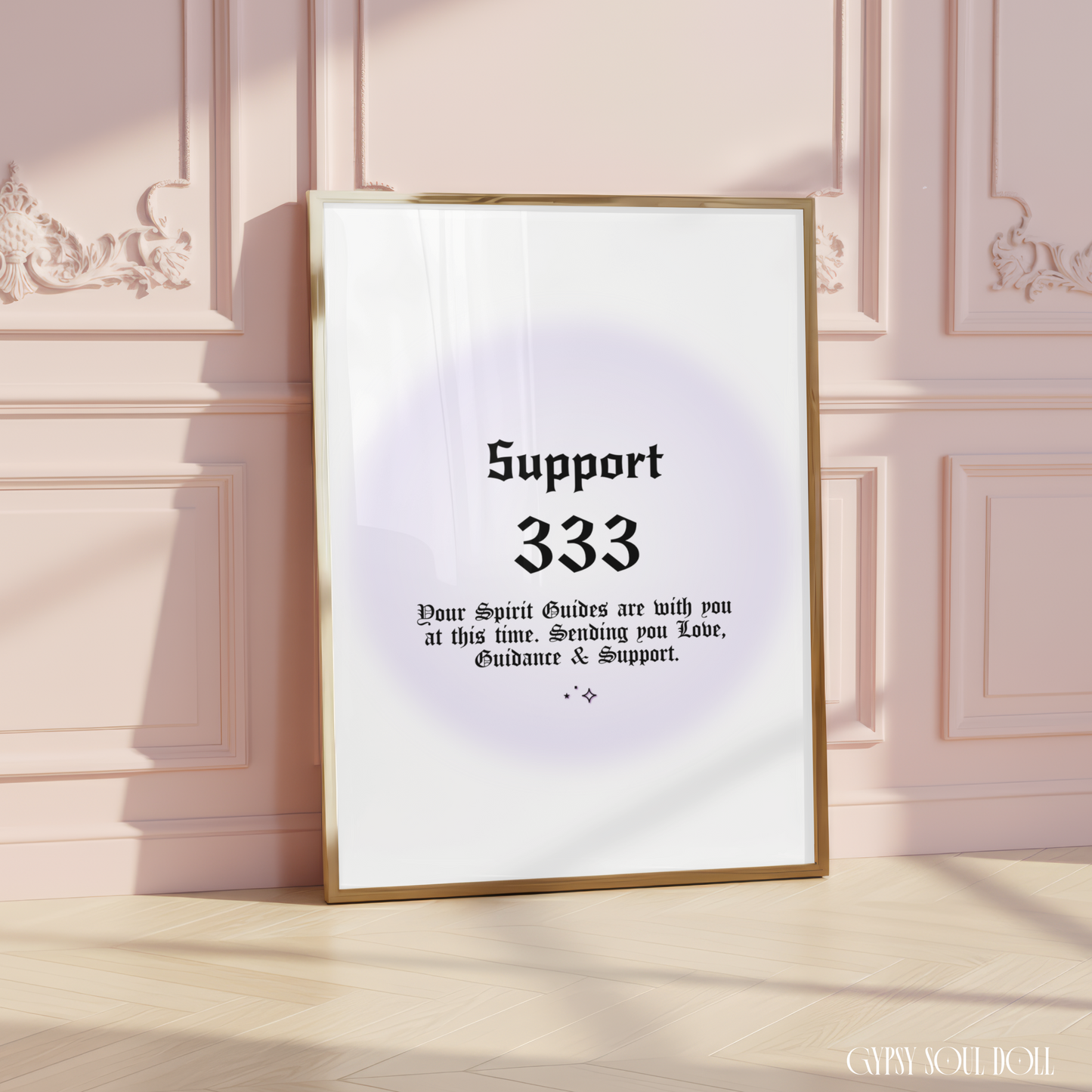 Minimalist A4 spiritual wall art print featuring a soft purple aura gradient background with bold black gothic typography reading Support 333 and a Spirit Guides reminder text block.
