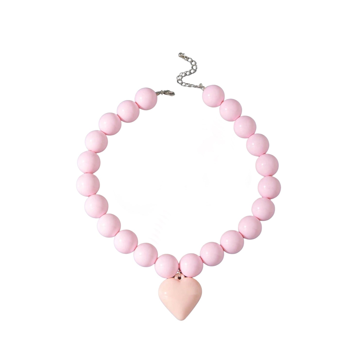 Studio product shot of the Gypsy Soul Doll pink chunky bubblegum resin bead necklace with a large matching pastel pink puffy heart pendant, showing its silver lobster clasp and adjustable metal chain extender against a plain white background.