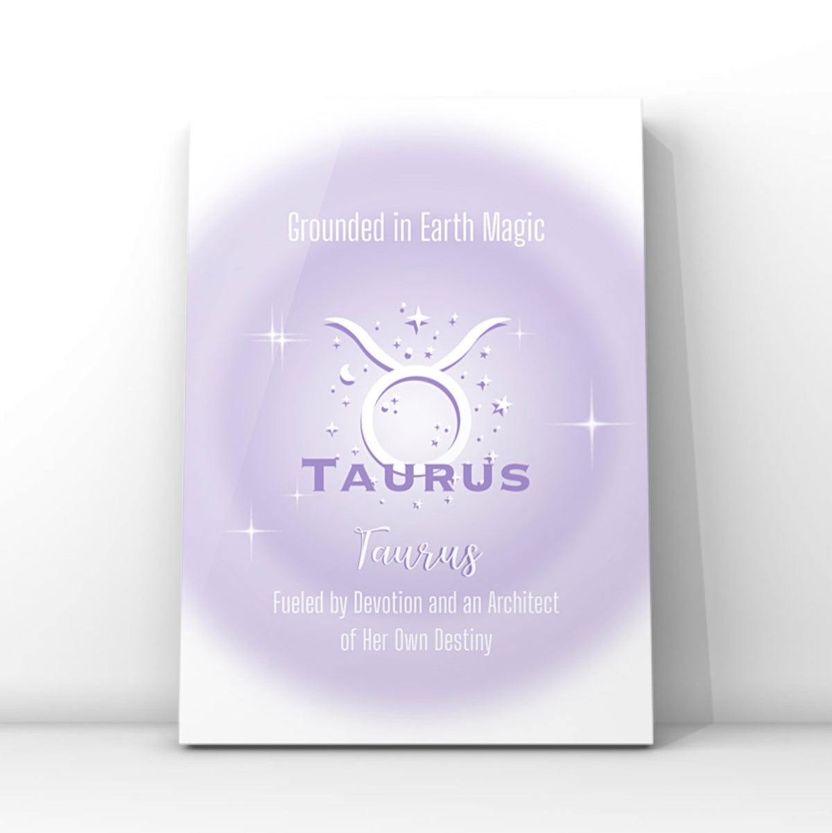 A4 vertical art print featuring a soft purple central aura gradient glow with white astrological glyphs, celestial star graphics, and typewriter-style text reading Grounded in Earth Magic and Fueled by Devotion and an Architect of Her Own Destiny centred over a white backdrop without punctuation.