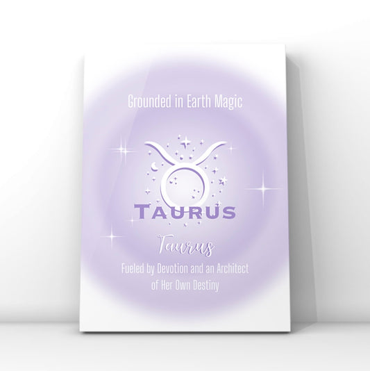 A4 vertical art print featuring a soft purple central aura gradient glow with white astrological glyphs, celestial star graphics, and typewriter-style text reading Grounded in Earth Magic and Fueled by Devotion and an Architect of Her Own Destiny centred over a white backdrop without punctuation.