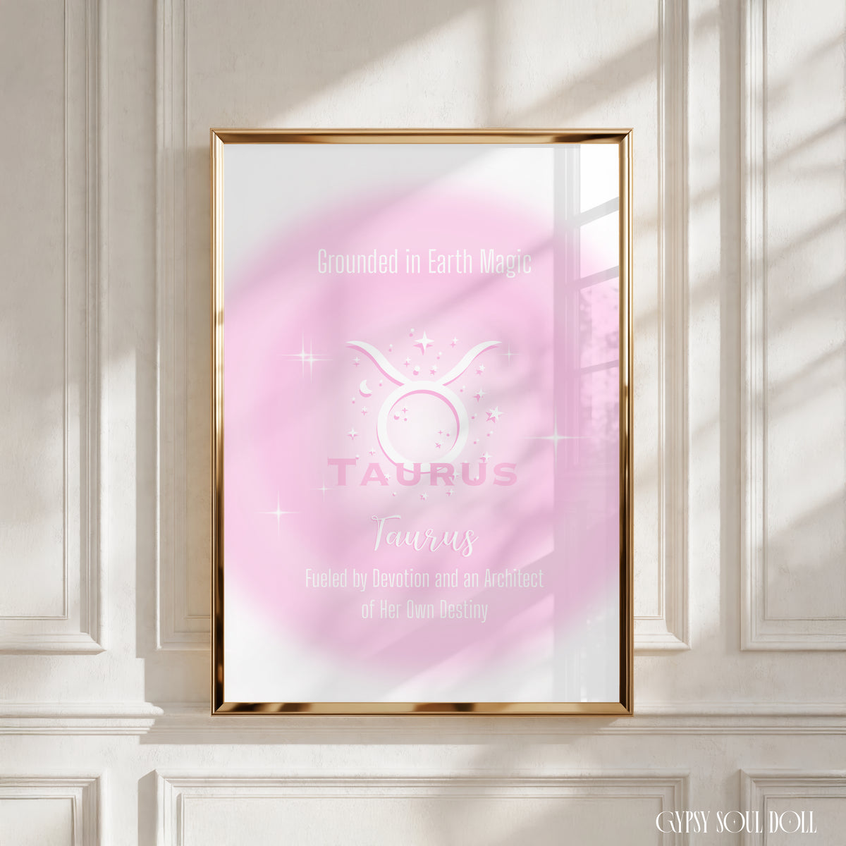 A4 vertical art print featuring a soft pink central aura gradient glow with white astrological glyphs, celestial star graphics, and typewriter-style text reading Grounded in Earth Magic and Fueled by Devotion and an Architect of Her Own Destiny centred over a white backdrop without punctuation.