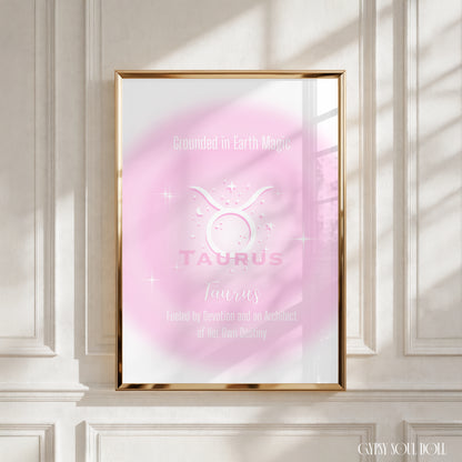 A4 vertical art print featuring a soft pink central aura gradient glow with white astrological glyphs, celestial star graphics, and typewriter-style text reading Grounded in Earth Magic and Fueled by Devotion and an Architect of Her Own Destiny centred over a white backdrop without punctuation.