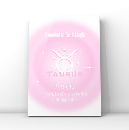 A4 vertical art print featuring a soft pink central aura gradient glow with white astrological glyphs, celestial star graphics, and typewriter-style text reading Grounded in Earth Magic and Fueled by Devotion and an Architect of Her Own Destiny centred over a white backdrop without punctuation.