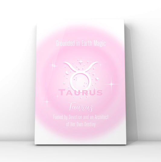 A4 vertical art print featuring a soft pink central aura gradient glow with white astrological glyphs, celestial star graphics, and typewriter-style text reading Grounded in Earth Magic and Fueled by Devotion and an Architect of Her Own Destiny centred over a white backdrop without punctuation.