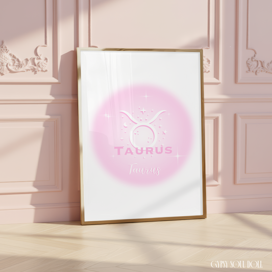 Minimalist aesthetic pink aura print featuring the Taurus zodiac bull glyph centred with celestial stars and Y2K sparkles.