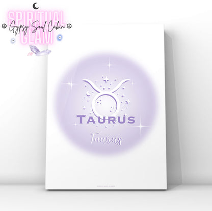 Minimalist aesthetic purple aura print featuring the Taurus zodiac bull glyph centred with celestial stars and Y2K sparkles.