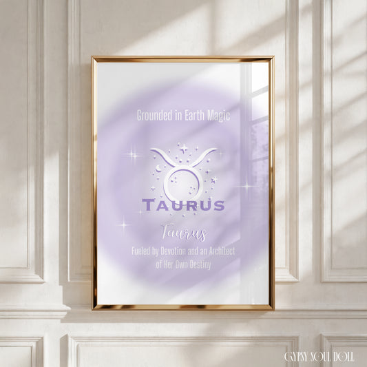 A4 vertical art print featuring a soft purple central aura gradient glow with white astrological glyphs, celestial star graphics, and typewriter-style text reading Grounded in Earth Magic and Fueled by Devotion and an Architect of Her Own Destiny centred over a white backdrop without punctuation.