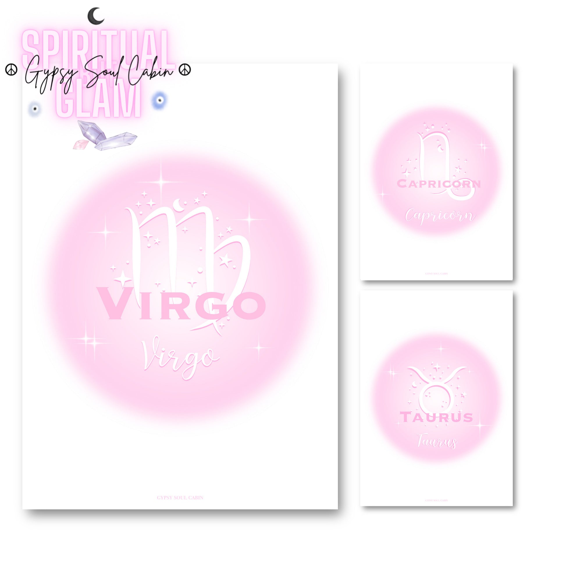 Set of three high-vibe pastel pink gradient aura typography prints, including Taurus, Virgo, and Capricorn zodiac signs.