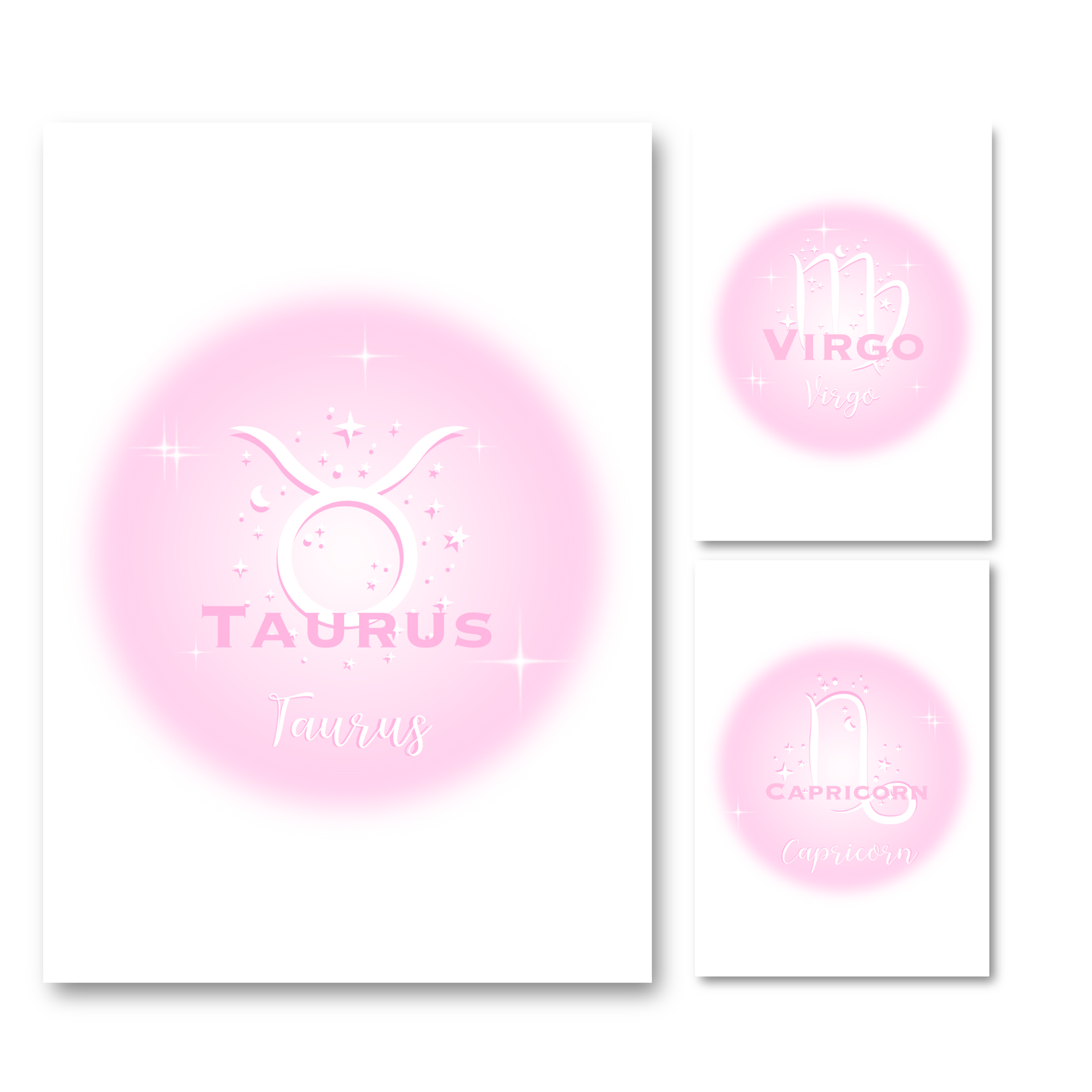 Set of three high-vibe pastel pink gradient aura typography prints, including Taurus, Virgo, and Capricorn zodiac signs.