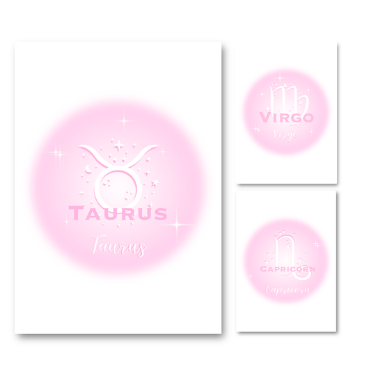 Set of three high-vibe pastel pink gradient aura typography prints, including Taurus, Virgo, and Capricorn zodiac signs.
