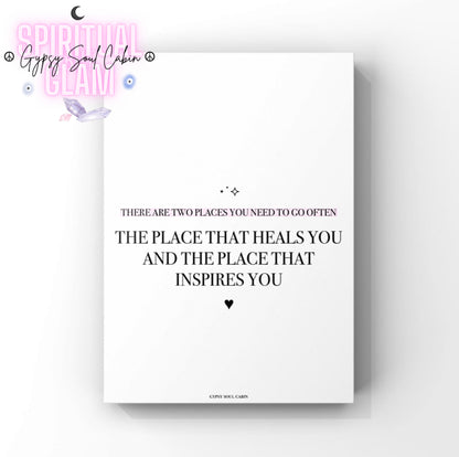 Minimalist black and white A4 typography print displaying the mindful quote There Are Two Places You Need To Go Often: The Place That Heals You And The Place That Inspires You with a soft pink highlight block and a tiny black heart.