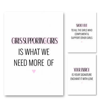 Three matching minimalist A4 typography poster prints displayed together as a set, featuring pink accent highlights, a pink heart, a sparkle icon, and a lightning bolt motif.