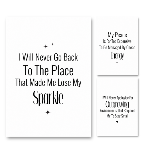 A 3-piece minimalist typography A4 poster print set featuring the official 'Lose My Sparkle', 'My Peace', and 'Outgrowing Environments' life laws by Gypsy Soul Doll.