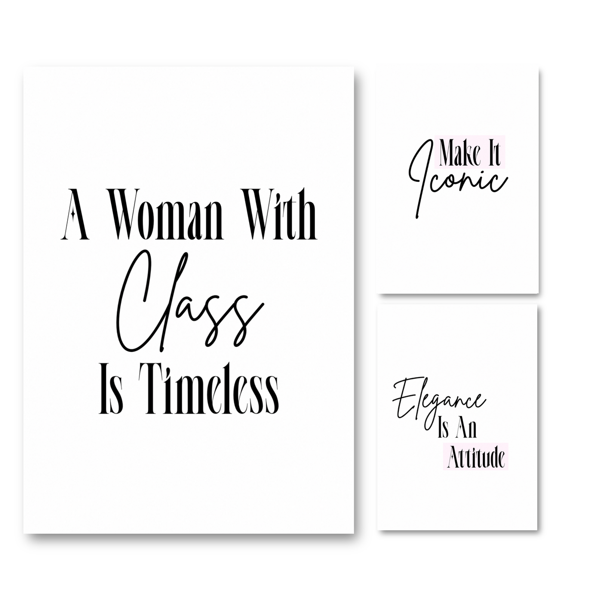 Timeless Class fashion print set featuring high contrast black editorial typography and cursive script A4 posters with pink highlight bars for dressing room decor by Gypsy Soul Doll.