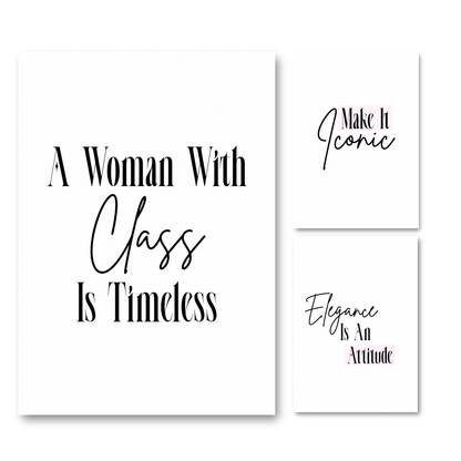 Timeless Class fashion print set featuring high contrast black editorial typography and cursive script A4 posters with pink highlight bars for dressing room decor by Gypsy Soul Doll.