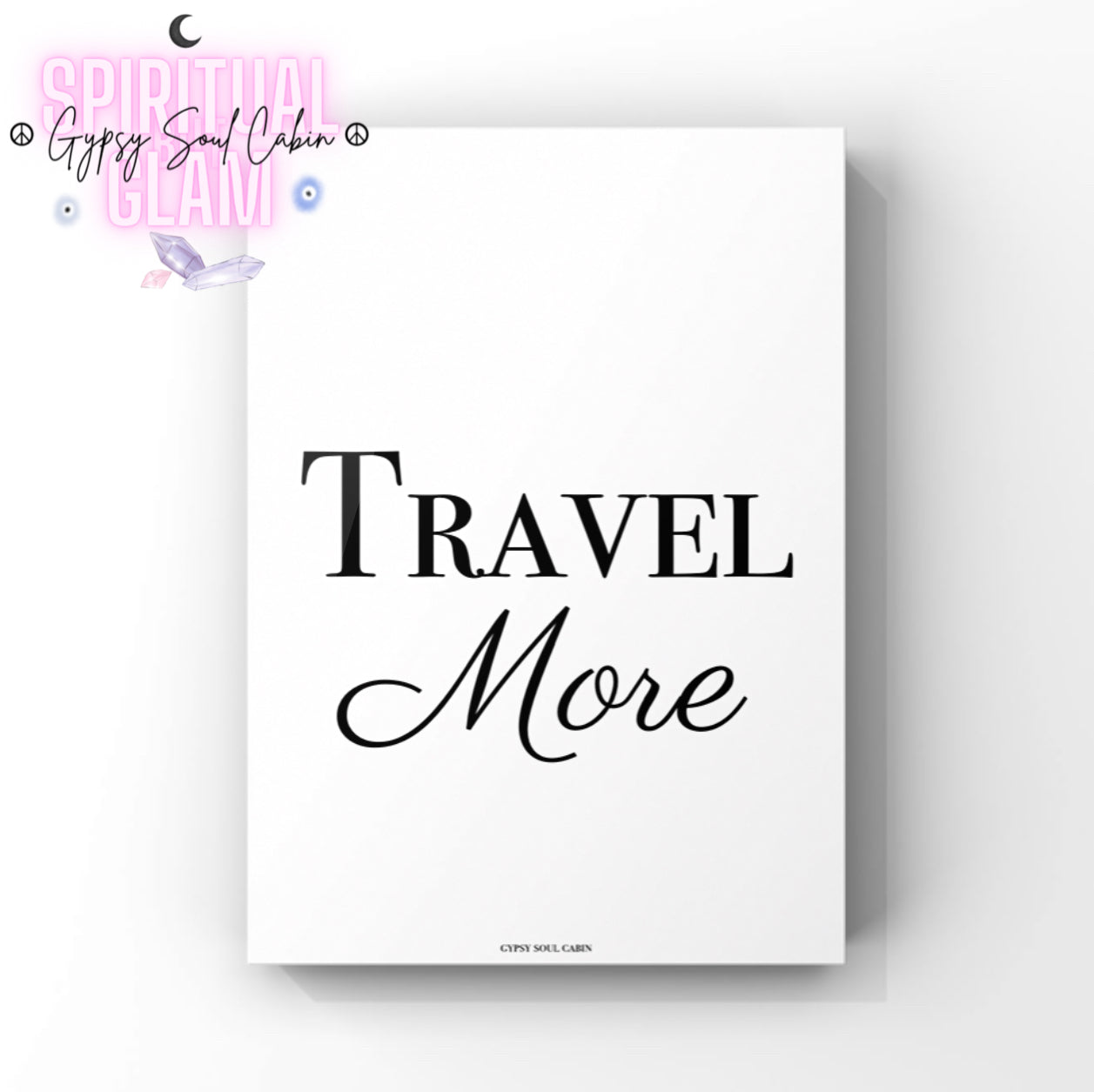 Minimalist A4 black and white typography poster print displaying the bold adventure motivation quote Travel More in elegant serif lettering.