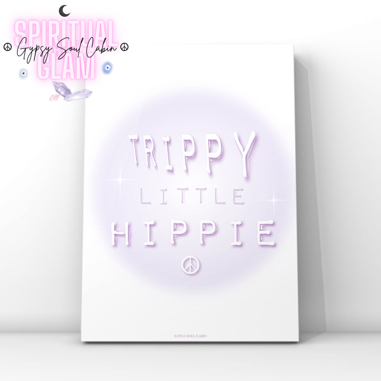 Minimalist A4 retro bohemian wall art print featuring a soft purple aura gradient background with glossy 3D liquid bubble typography reading Trippy Little Hippie, anchored by a matching 3D peace sign symbol