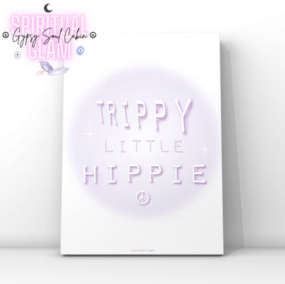 Minimalist A4 retro bohemian wall art print featuring a soft purple aura gradient background with glossy 3D liquid bubble typography reading Trippy Little Hippie, anchored by a matching 3D peace sign symbol