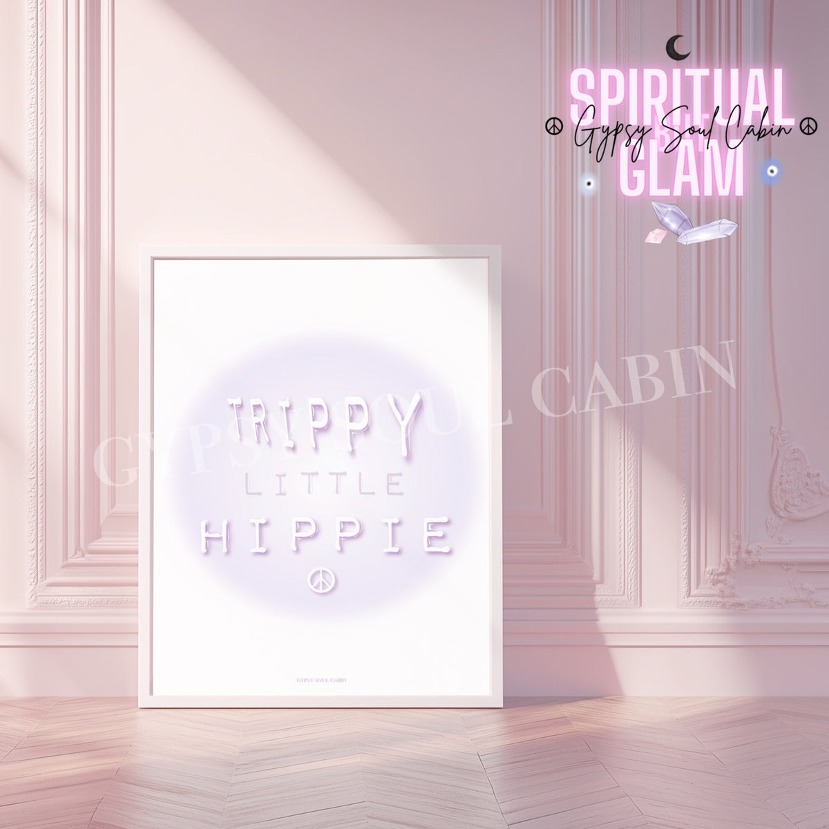 Retro Trippy Little Hippie typography art print featuring a soft purple gradient aura design in a white frame, styled against a chic pastel pink paneled wall.