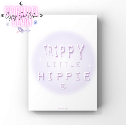 Minimalist A4 retro bohemian wall art print featuring a soft purple aura-gradient background with glossy 3D liquid-bubble typography reading "Trippy Little Hippie," anchored by a matching 3D peace sign symbol.