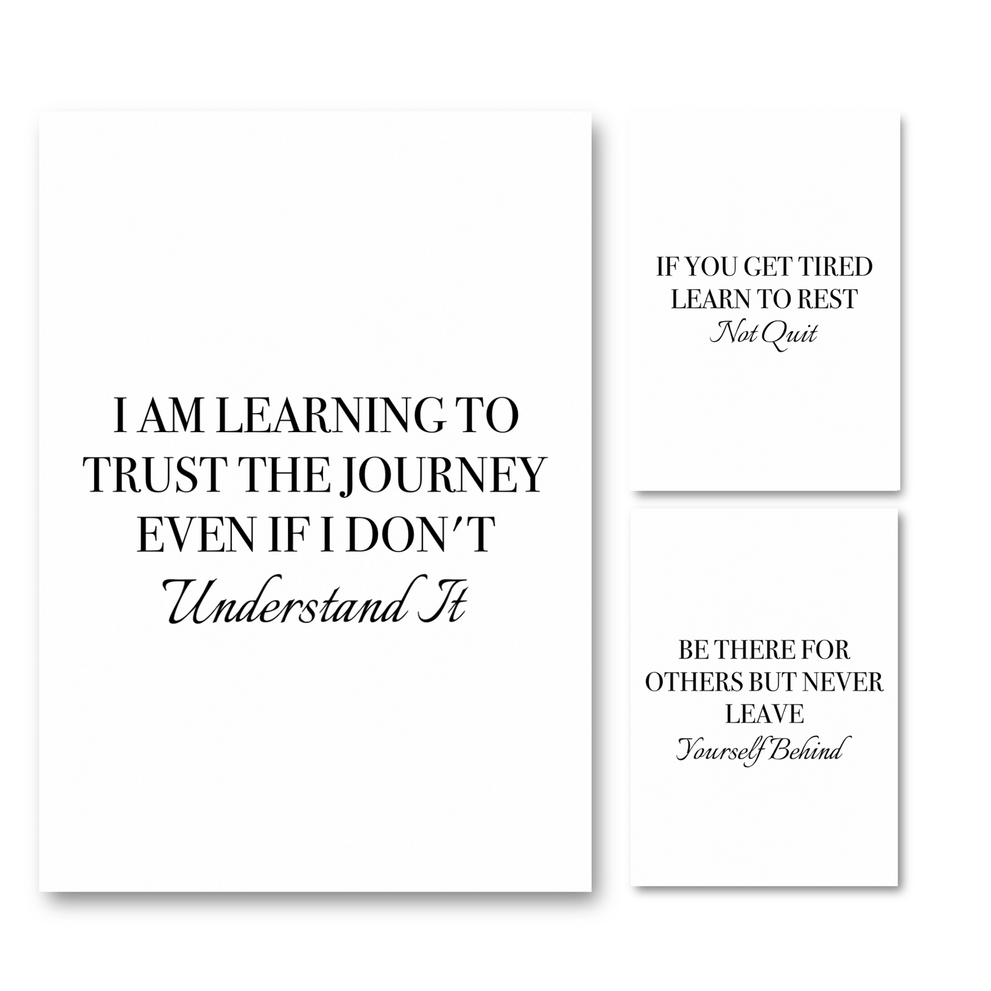 Set of three minimalist black and white typography prints featuring trust the journey affirmations, learn to rest reminders, and self-love boundary quotes.