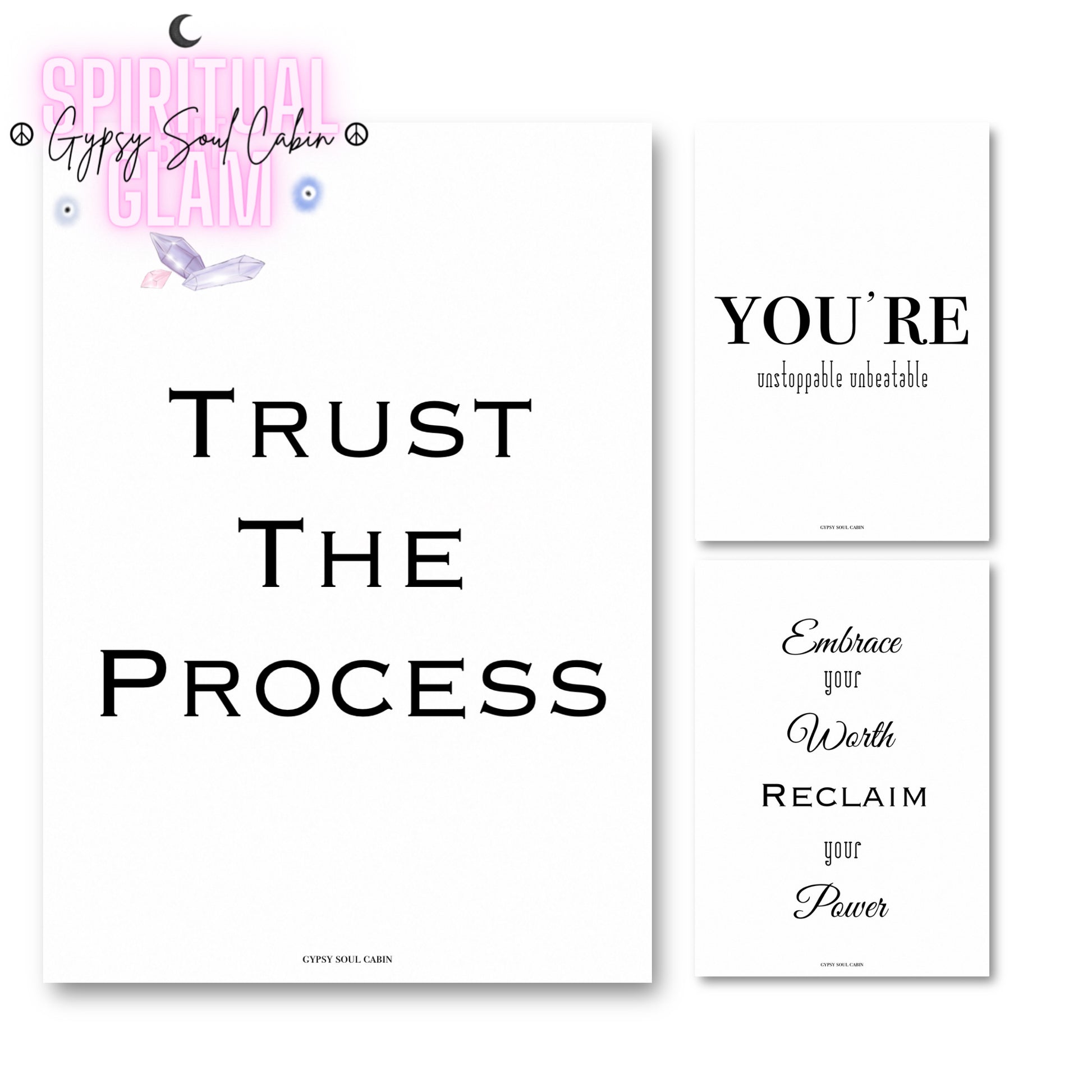 Set of three minimalist black and white A4 typography prints featuring the manifestation quotes Trust The Process, You Are Unstoppable Unbeatable, and Embrace Your Worth Reclaim Your Power.